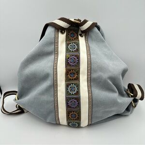 Canvas Backpack Daypack Embroidered Pockets Boho Adj Strap Blue Gray New W/O Tag